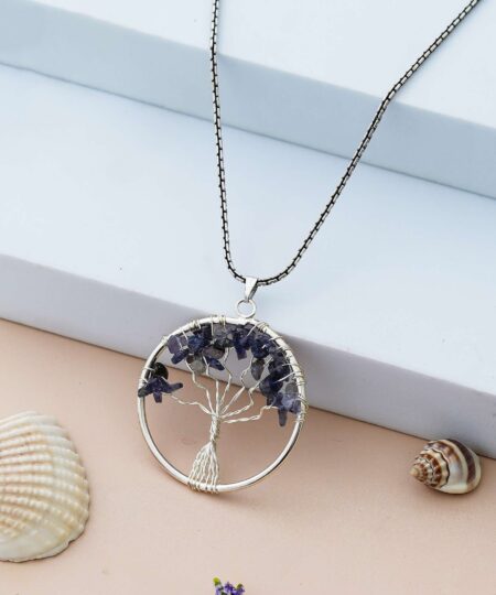 Sodalite Pendant Tree of Life Crystal Stone Pendant Locket with Metal Chain for  Healing Crystal Healing Gemstone Size 35-40 mm soda lite