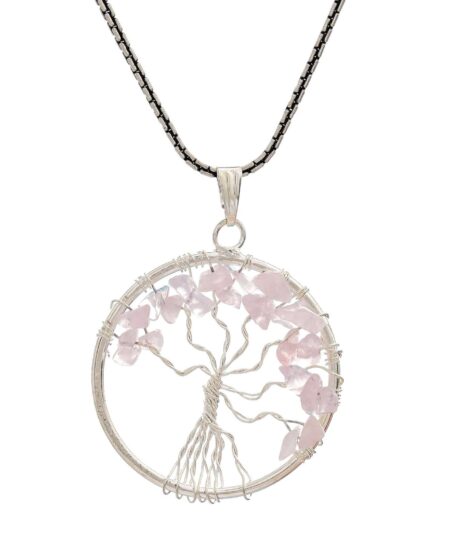 Rose Quartz Pendant Tree of Life Crystal Stone Pendant Locket with Metal Chain for  Healing Crystal Healing Gemstone Size 35-40 mm rose quarts