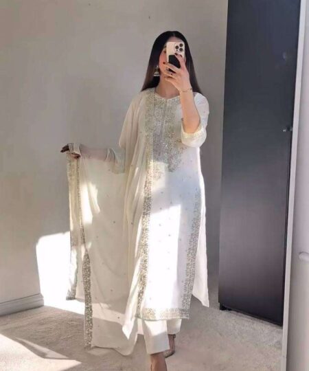 Women's Georgette Embroidery Sequence Work with Rivet Moti Work Straight Kurti With Pant and Dupatta Set