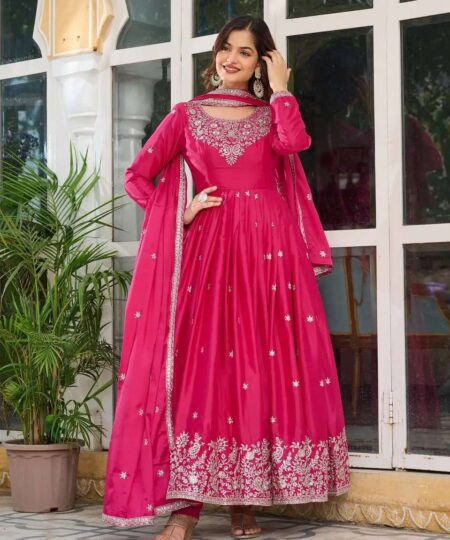 Women's American Silk Sequence Embroidery Long Anarkali Kurti Gown With Dupatta