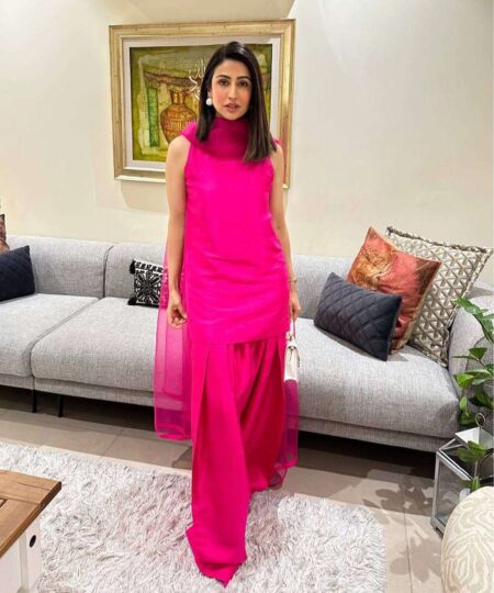 Women's Fendi Silk Solid Semi Stitched Sleeveless Kurti With Salwar and Dupatta set