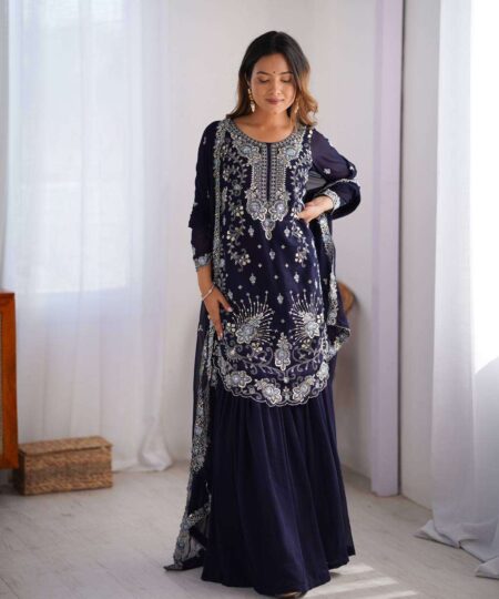 Women's Faux Georgette Sequins & Thread Work Straight Kurta With Sharara Suit and Dupatta Set