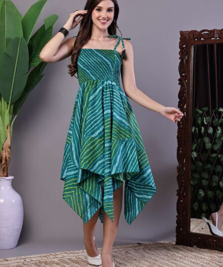 Women's Leheriya Asymmetrical Hem Smocked A-Line Dress Midi Dresses