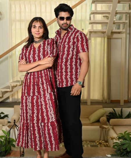 Couple Matching Red Cotton Anarkali Midi Dress and Shirt Set ? Vertical Vine Block Print