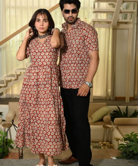 Couple Matching Red-Beige Cotton Anarkali Midi Dress and Shirt Set ? Leaf Block Print