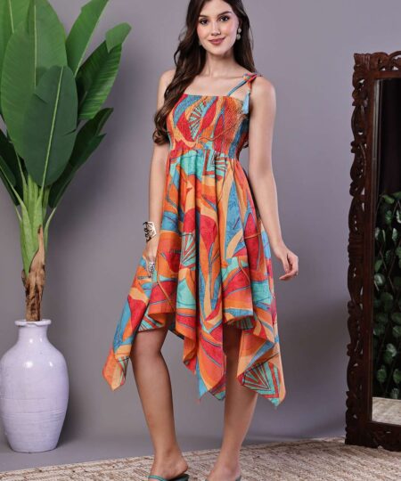 Women's Multicolor Printed Cotton Handkerchief Hem Dress Midi Dresses
