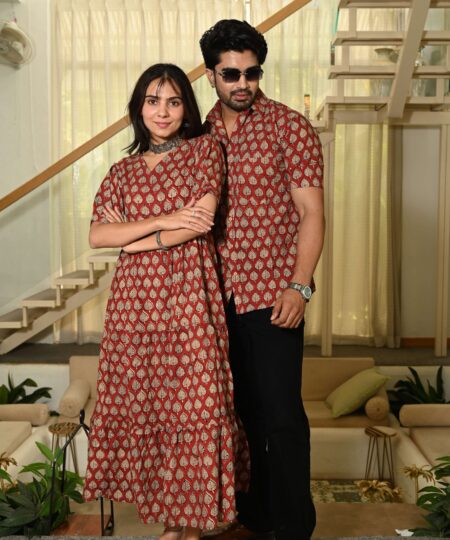 Couple Matching Red Cotton Anarkali Midi Dress and Shirt Set ? Gold Leaf Block Print