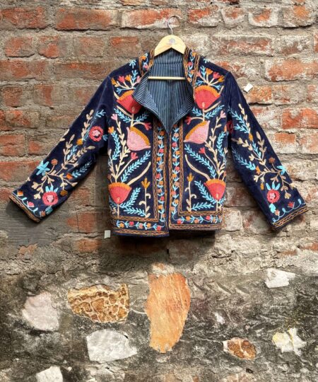 Womens Navy Blue Velvet Embroidered Jacket with Floral Design