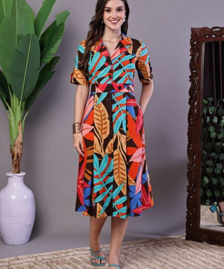 Women's Leaf Print Button-Down Cotton Midi Dress