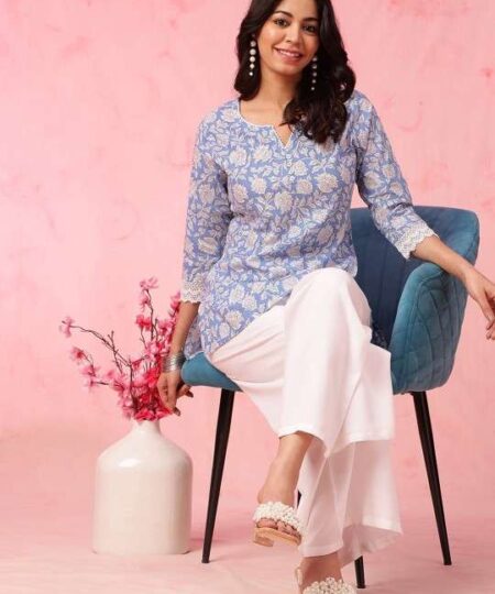 Women's Rayon Floral Printed Straight Short Kurti Set