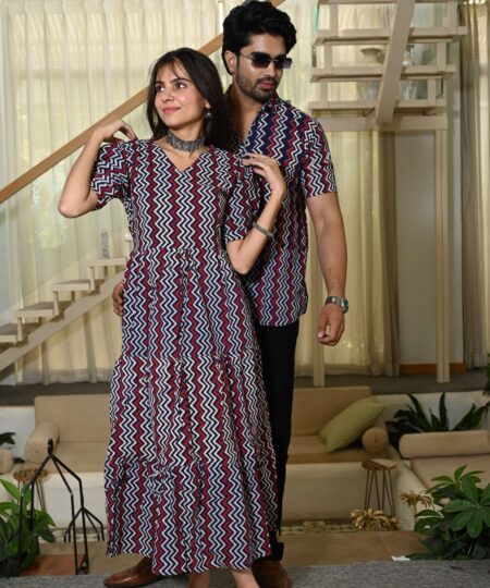 Couple Matching Navy Blue & Red Zigzag Cotton Anarkali Midi Dress and Shirt Set