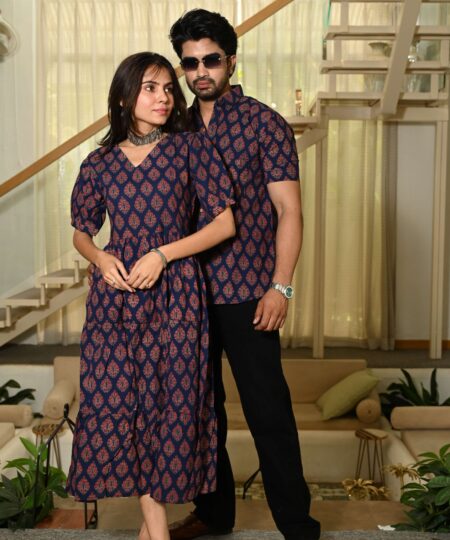 Couple Matching Navy Blue Cotton Anarkali Midi Dress and Shirt Set ? Red Hand Block Print