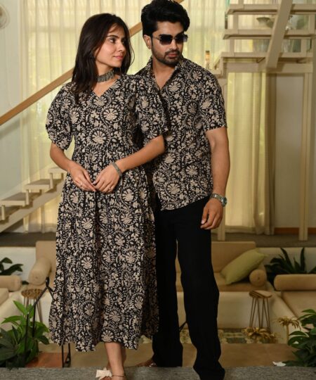 Couple Matching Red Printed Cotton Anarkali Midi Dress & Shirt Set ? Summer Casual Wear
