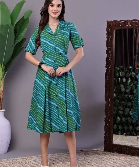 Women's eal Green Striped Cotton Midi Shirt Dress