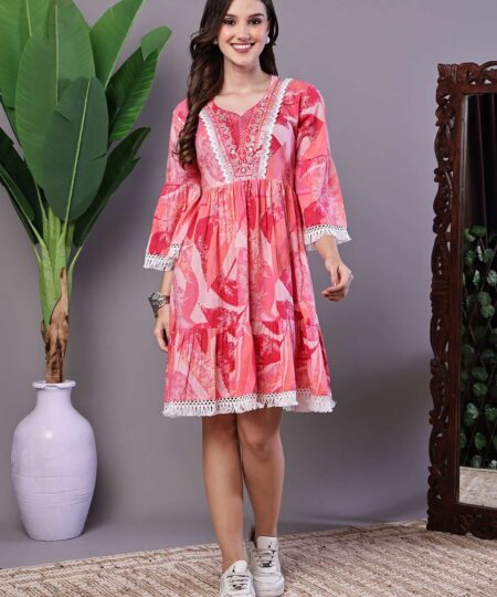 Wome's Pink Floral Printed Cotton A-Line Dress with Embroidered Yoke Midi Dresses