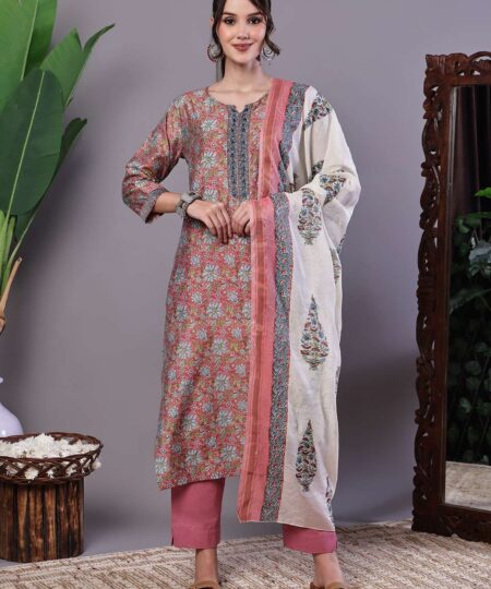 Women's Pink Floral Chanderi Printed Kurta Set with Dupatta Suit Sets