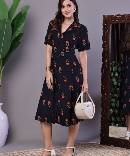 Women's Elegant Indigo & Orange Floral Block Print Cotton Shirt Dress