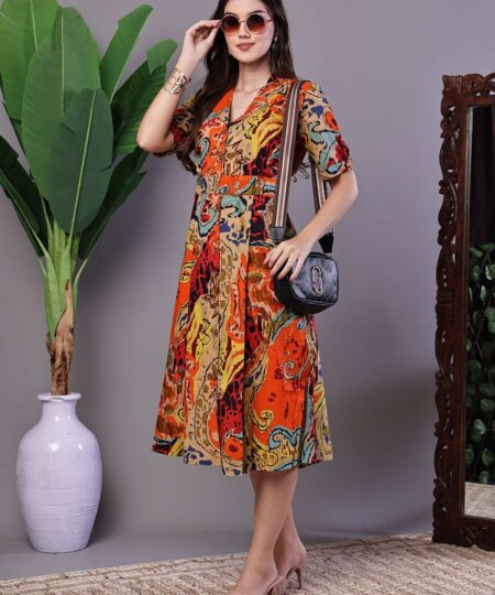 Women's Bohemian Chic Multi-Color Paisley Print Cotton Collared Midi Dress