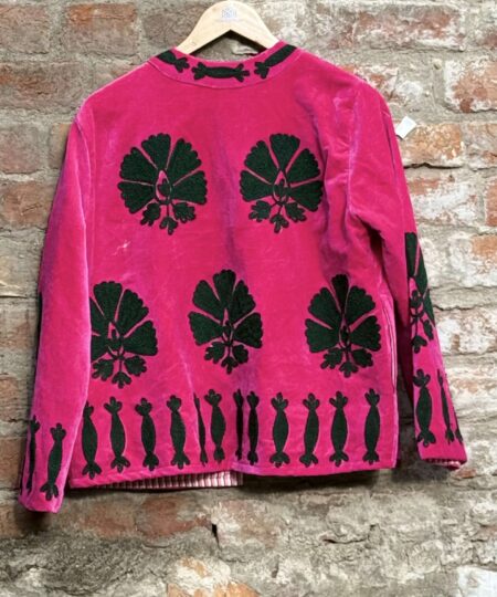 Womens Pink Velvet Embroidered Jacket with Floral Design