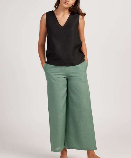 Women's Cotton Solid V Neck Sleeveless 2 Piece Outfit Loose Tank Top and Wide Leg Palazzo Pants Sets cord set ( Black Pista Green )