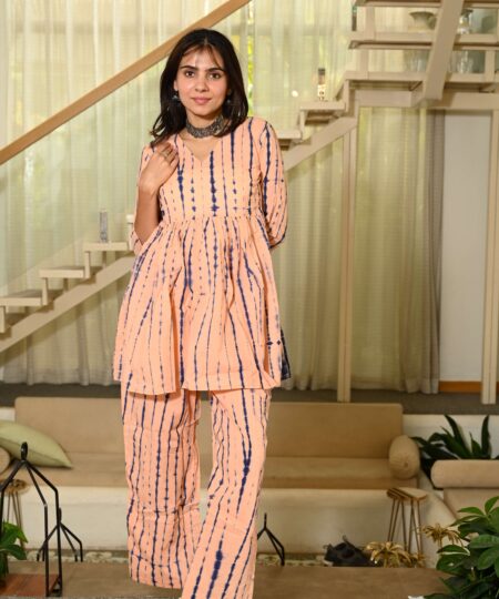 Peach Printed Block Print Cotton Co-ord Set for Women ? Peplum Kurta with Straight Pants