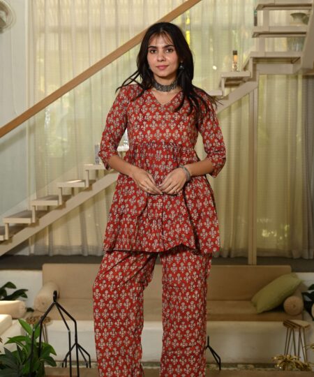 Rust Red Floral Block Print Cotton Co-ord Set for Women ? Peplum Kurta with Straight Pants