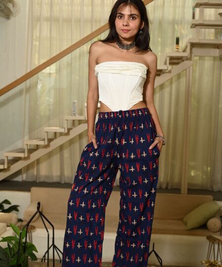 Navy Blue Cotton Pants with Red & White Abstract Print ? Elastic Waist and Pockets"