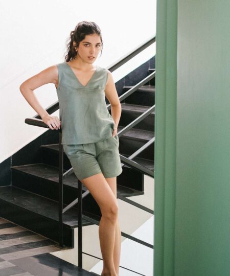 Women's Cotton Solid V Neck Sleevleess 2 Piece Outfit Loose Tank Top and Shot Scult Sets cord set ( Pista Green )