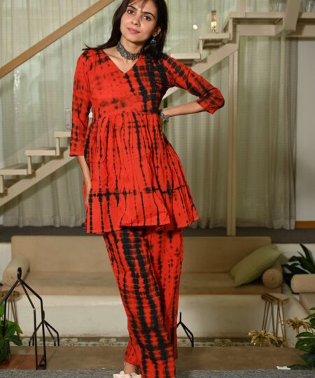 Red Floral Block Print Cotton Co-ord Set for Women ? Peplum Kurta with Straight Pants