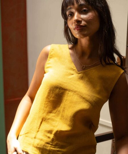 Women's Cotton Solid V Neck Sleeveless 2 Piece Outfit Loose Tank Top and Wide Leg Palazzo Pants Sets cord set ( Yellow )