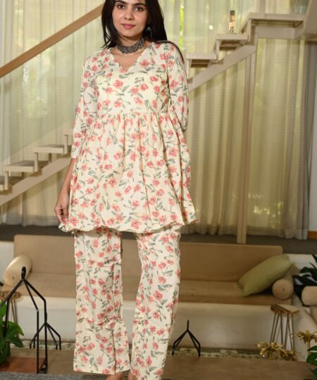 Off-White Floral Print Cotton Co-ord Set for Women ? Peplum Kurta & Straight Pants, Casual Ethnic Wear