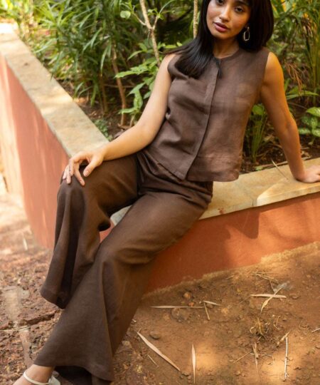 Women's Cotton Solid V Neck Sleeveless 2 Piece Outfit Loose Tank Top and Wide Leg Palazzo Pants Sets cord set ( Brown )