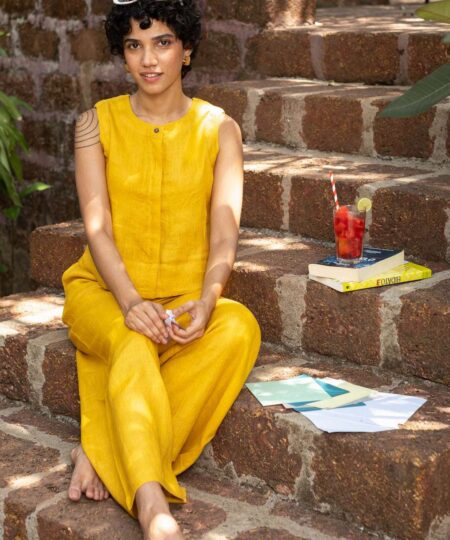 Women's Cotton Solid V Neck Sleeveless 2 Piece Outfit Loose Tank Top and Wide Leg Palazzo Pants Sets cord set ( Golden )