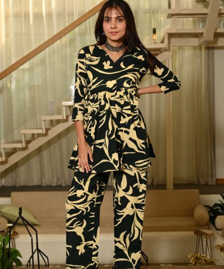 Black Printed Print Cotton Co-ord Set for Women ? Peplum Kurta & Straight Pants, Casual Ethnic Wear